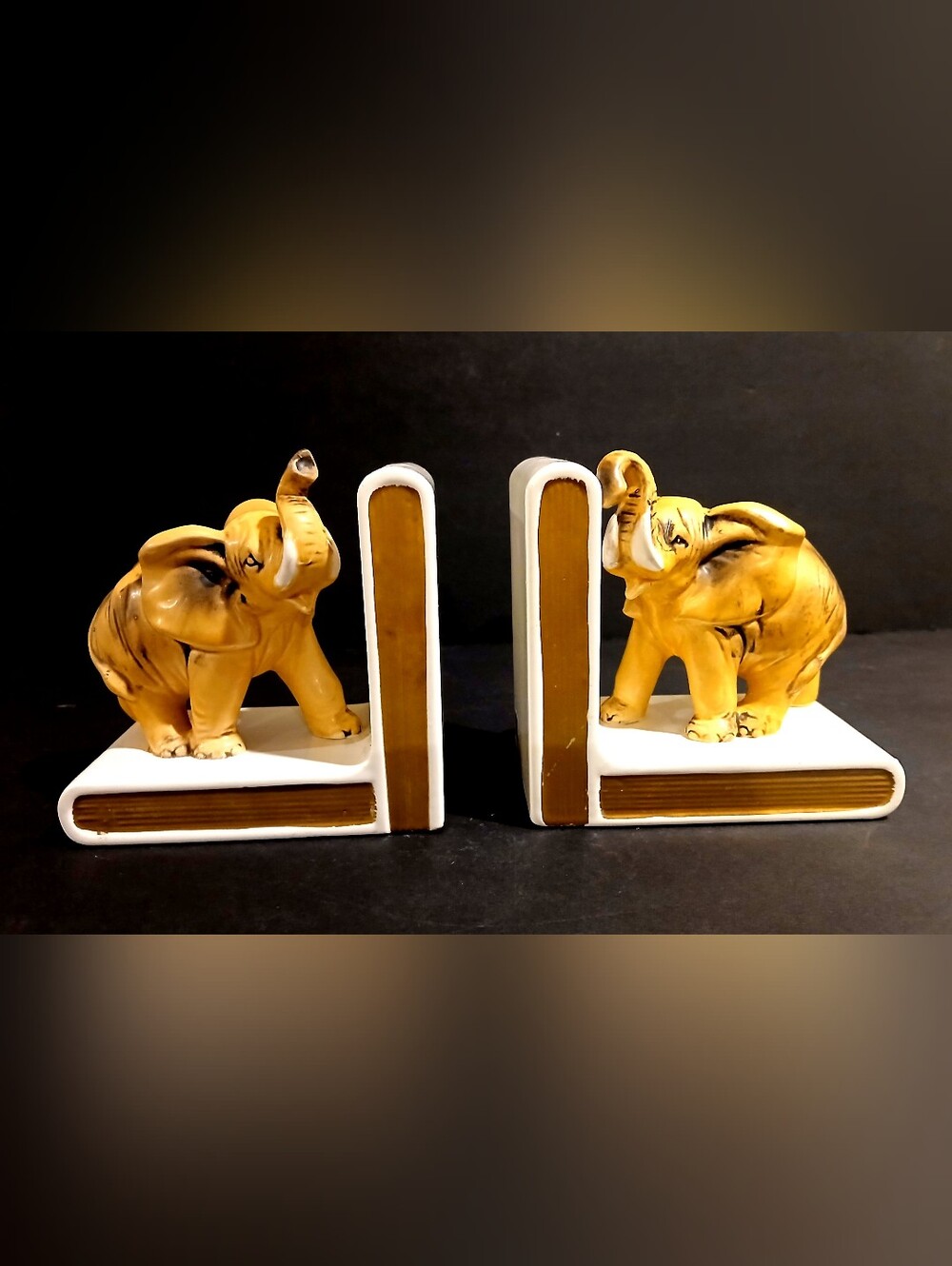 Vintage Ceramic Elephant Bookends in Gold and White - Decorative Home Accent